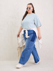 Women Blue & Off White Stripe Round Neck T-Shirt-SFTOPS42402