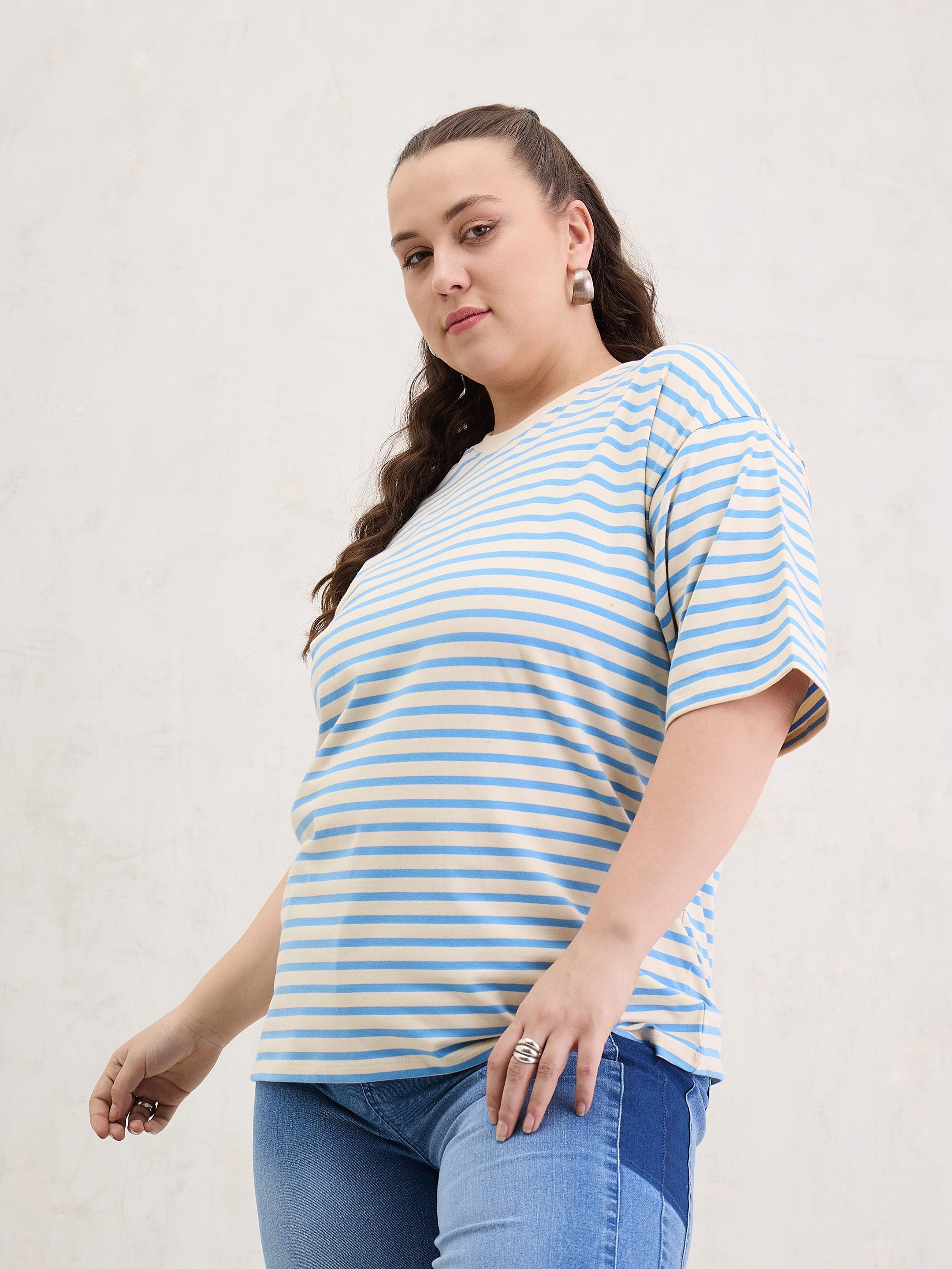 Women Blue & Off White Stripe Round Neck T-Shirt-SFTOPS42402