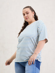 Women Blue & Off White Stripe Round Neck T-Shirt-SFTOPS42402