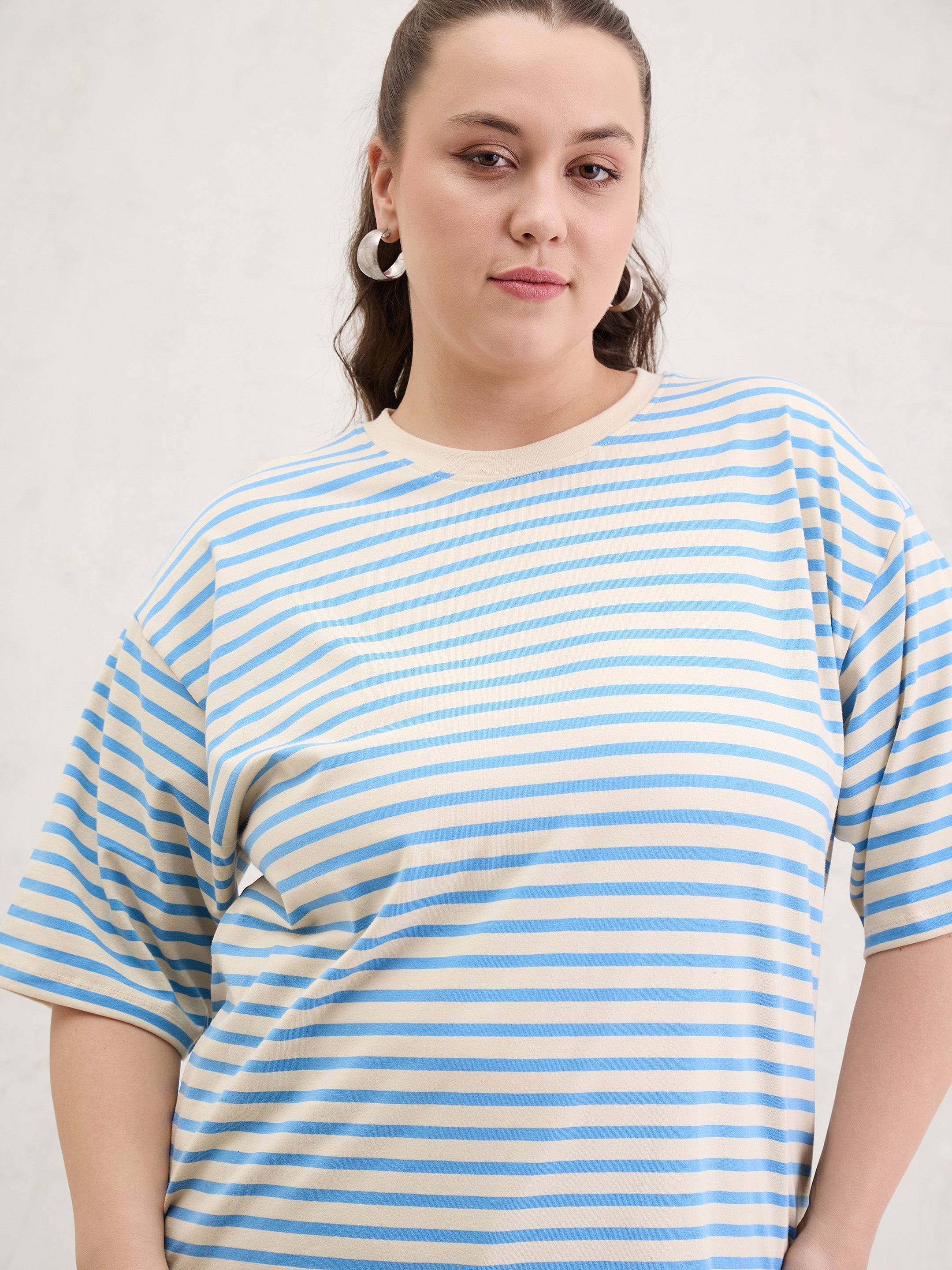 Women Blue & Off White Stripe Round Neck T-Shirt-SFTOPS42402