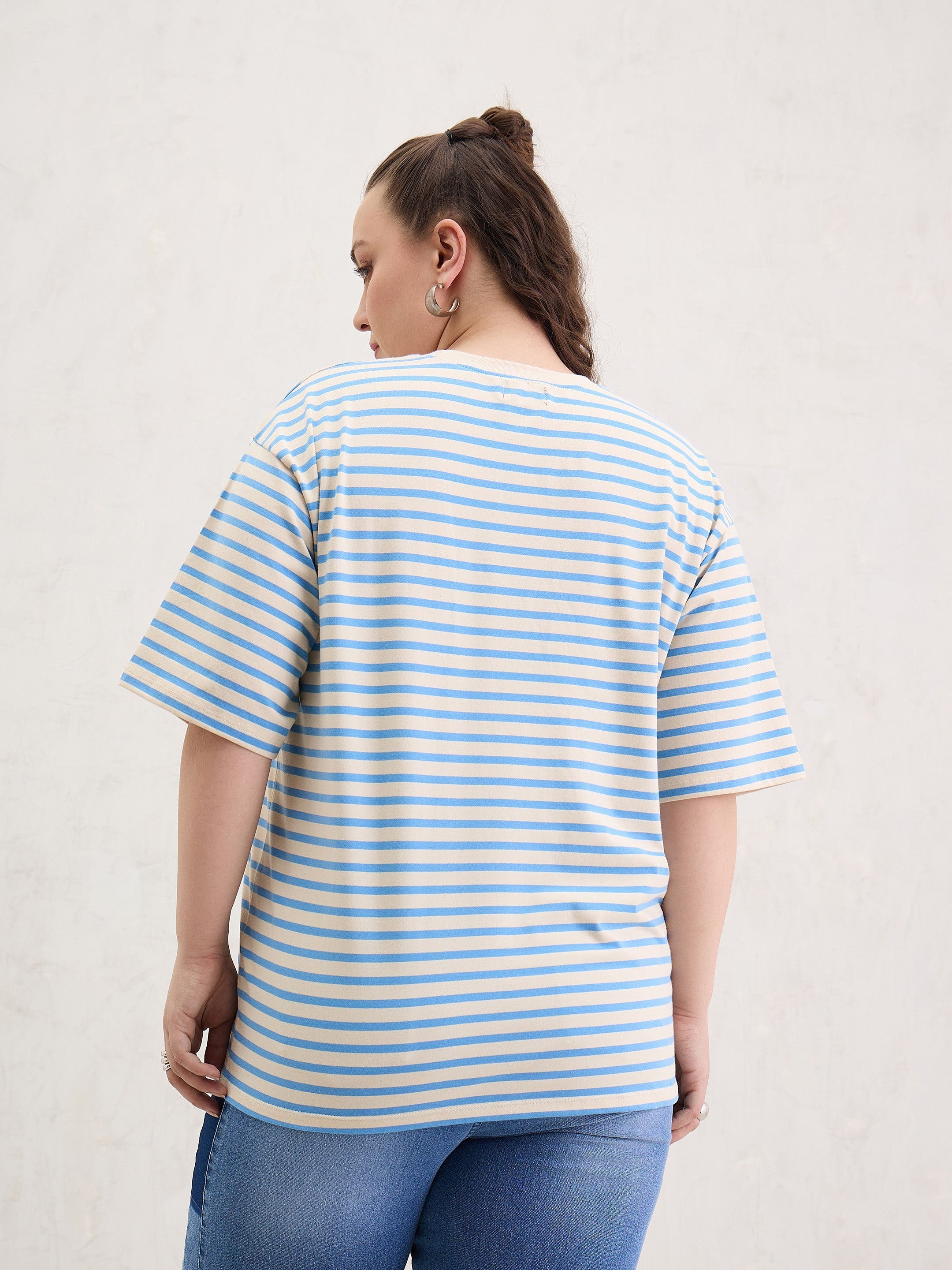 Women Blue & Off White Stripe Round Neck T-Shirt-SFTOPS42402