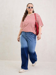 Women Red & Off White Stripe Round Neck T-Shirt-SFTOPS42403