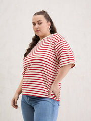 Women Red & Off White Stripe Round Neck T-Shirt-SFTOPS42403