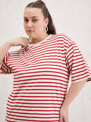 Women Red & Off White Stripe Round Neck T-Shirt-SFTOPS42403