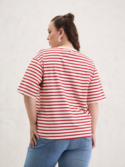 Women Red & Off White Stripe Round Neck T-Shirt-SFTOPS42403