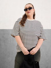 Women Black & Off White Stripe Round Neck T-Shirt-SFTOPS42404