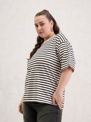 Women Black & Off White Stripe Round Neck T-Shirt-SFTOPS42404