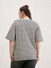 Women Black & Off White Stripe Round Neck T-Shirt-SFTOPS42404