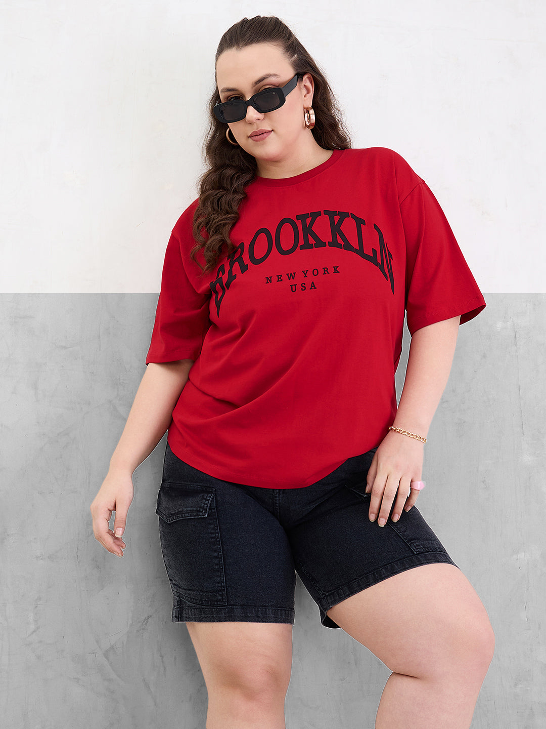 Women Red Graphic BROOKLYN Print T-Shirt-SFTOPS42407