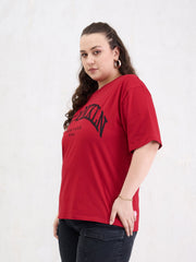 Women Red Graphic BROOKLYN Print T-Shirt-SFTOPS42407