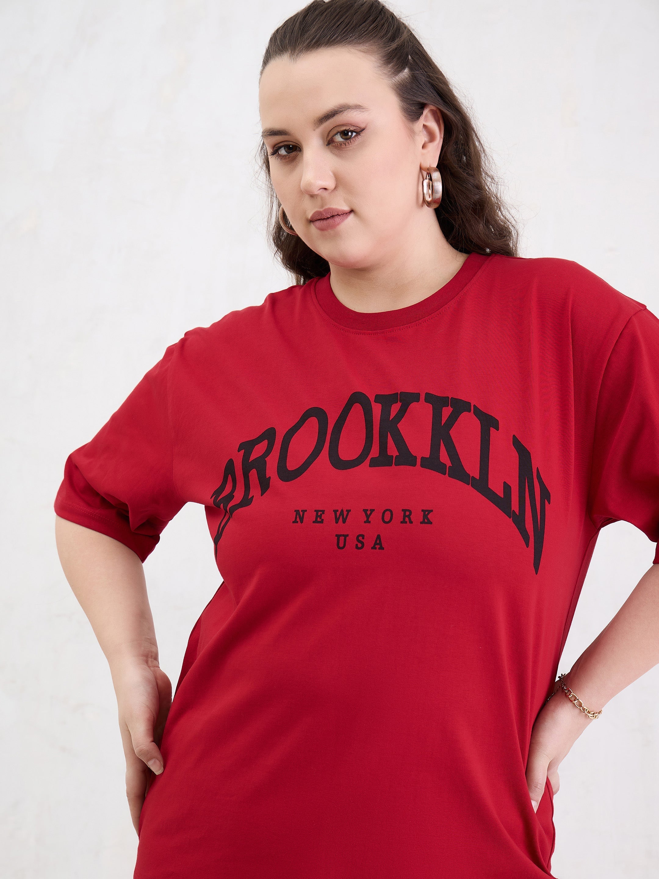 Women Red Graphic BROOKLYN Print T-Shirt-SFTOPS42407