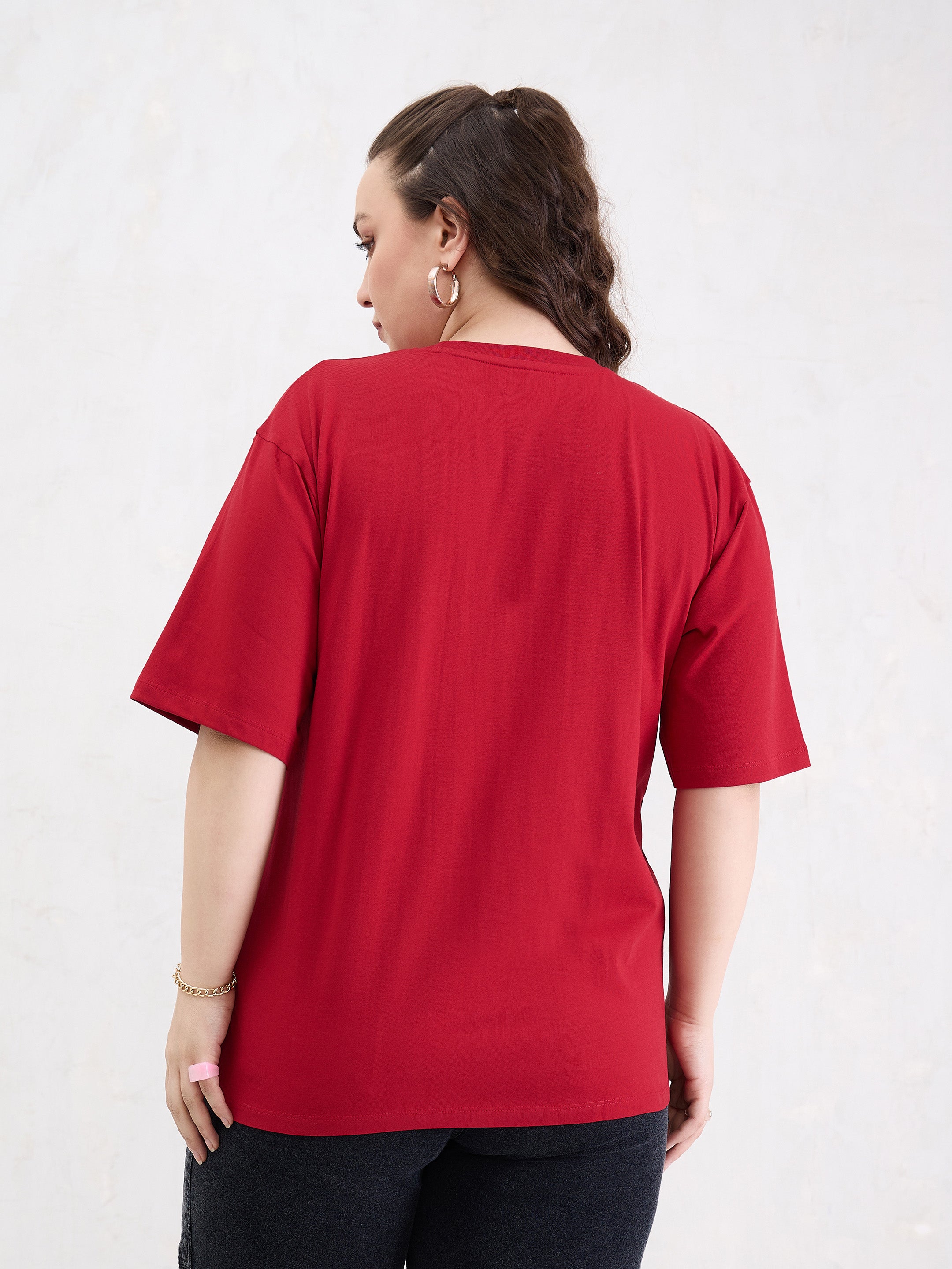 Women Red Graphic BROOKLYN Print T-Shirt-SFTOPS42407