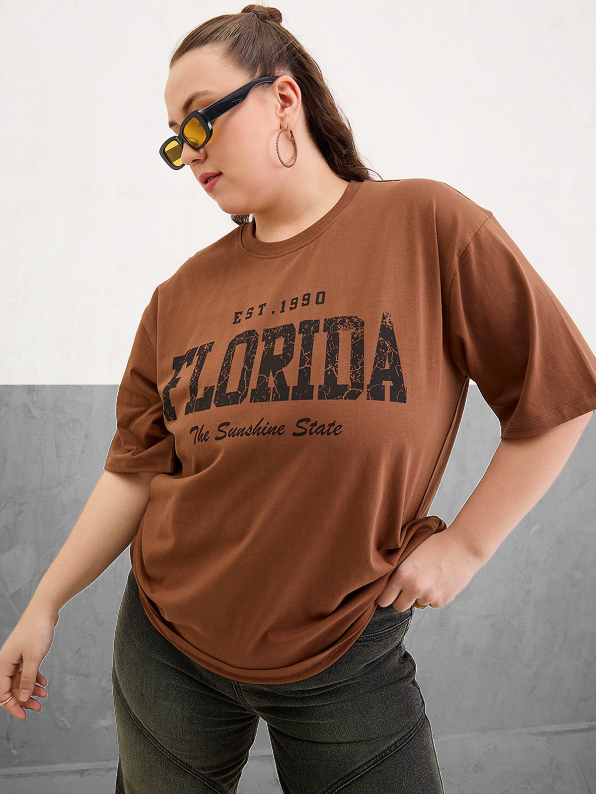 Women Brown Graphic FLORIDA Print T-Shirt-SFTOPS42411