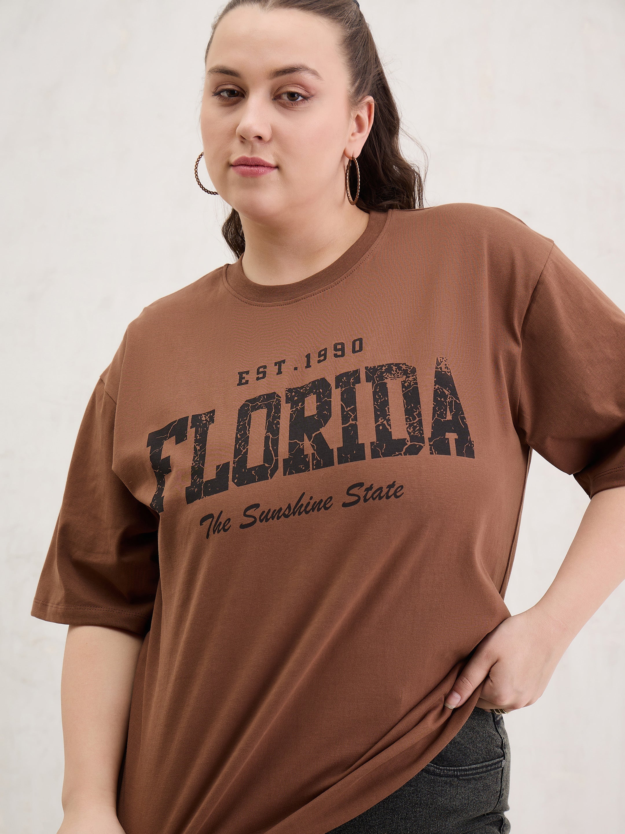 Women Brown Graphic FLORIDA Print T-Shirt-SFTOPS42411