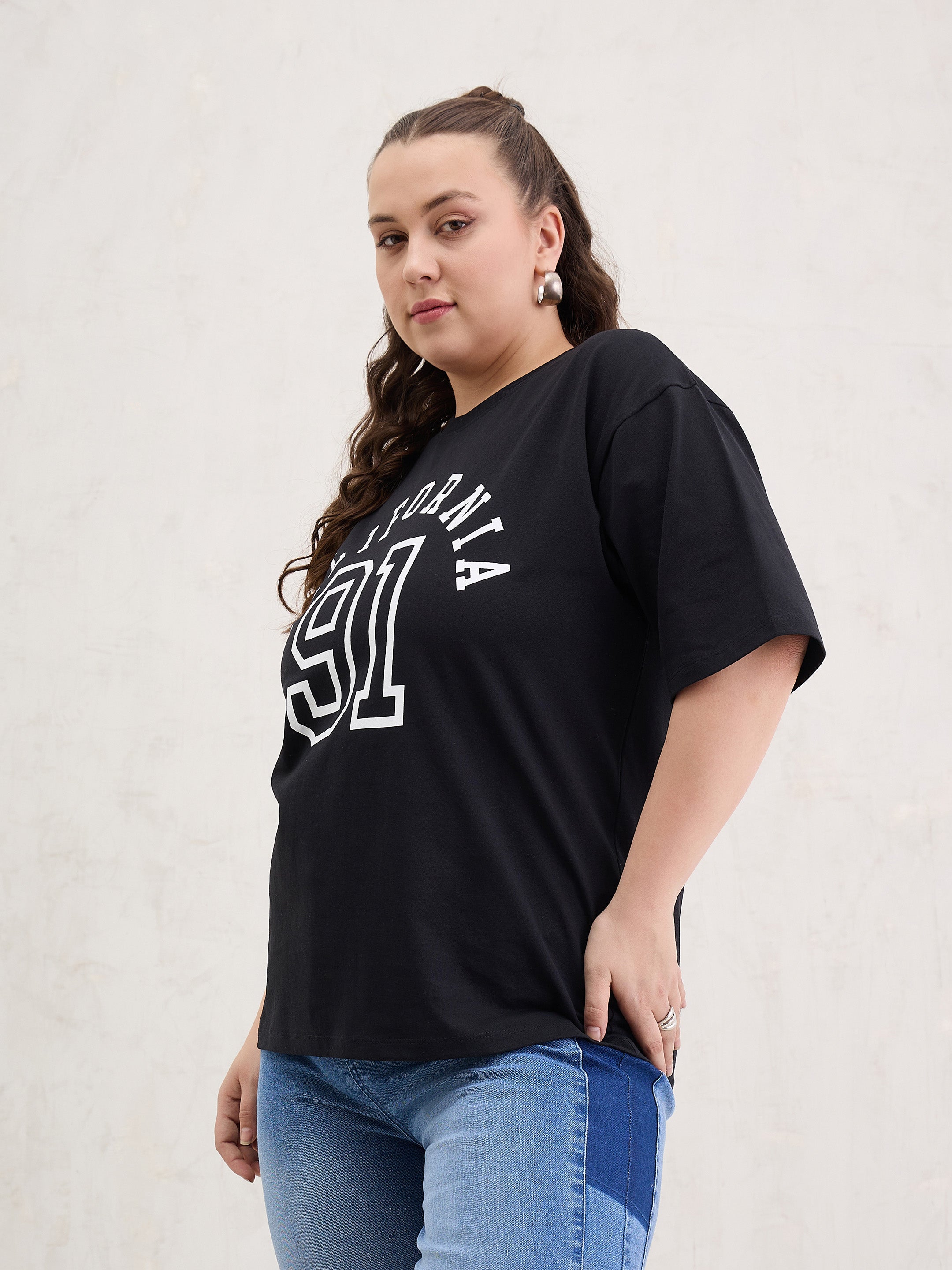 Women Black Graphic CALIFORNIA Print T-Shirt-SFTOPS42412