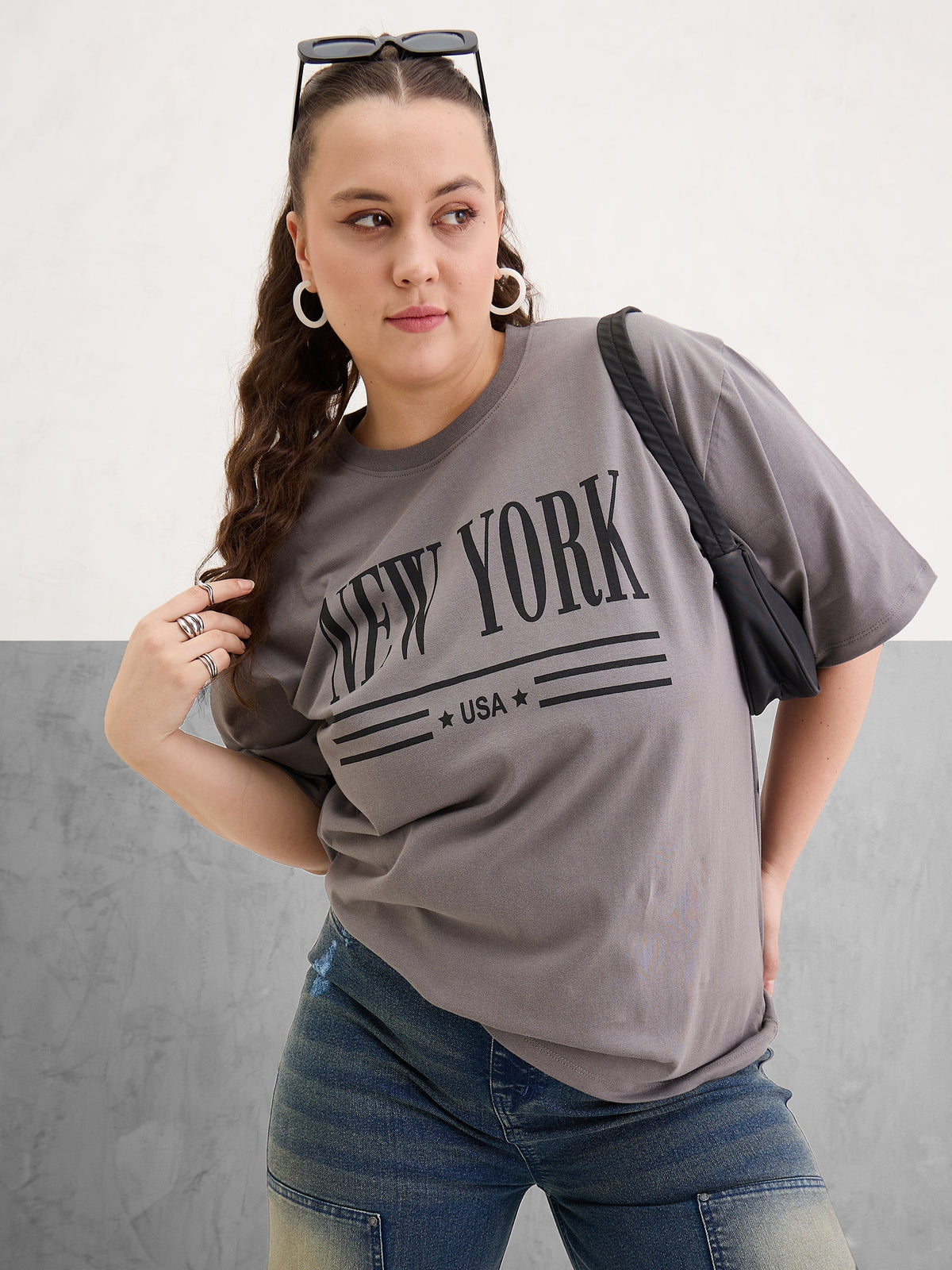 Women Grey Graphic NEW YORK Print T-Shirt-SFTOPS42413