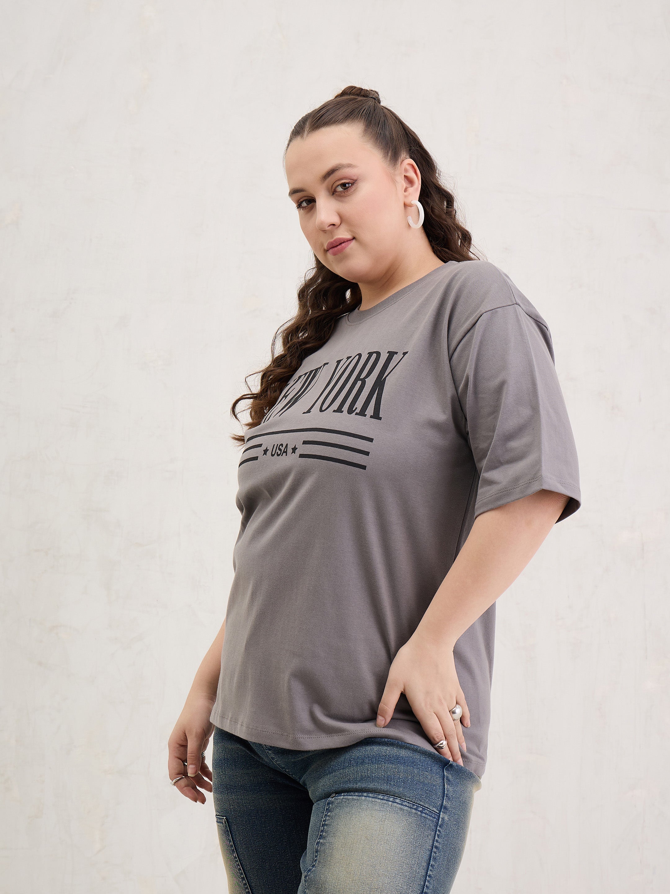 Women Grey Graphic NEW YORK Print T-Shirt-SFTOPS42413