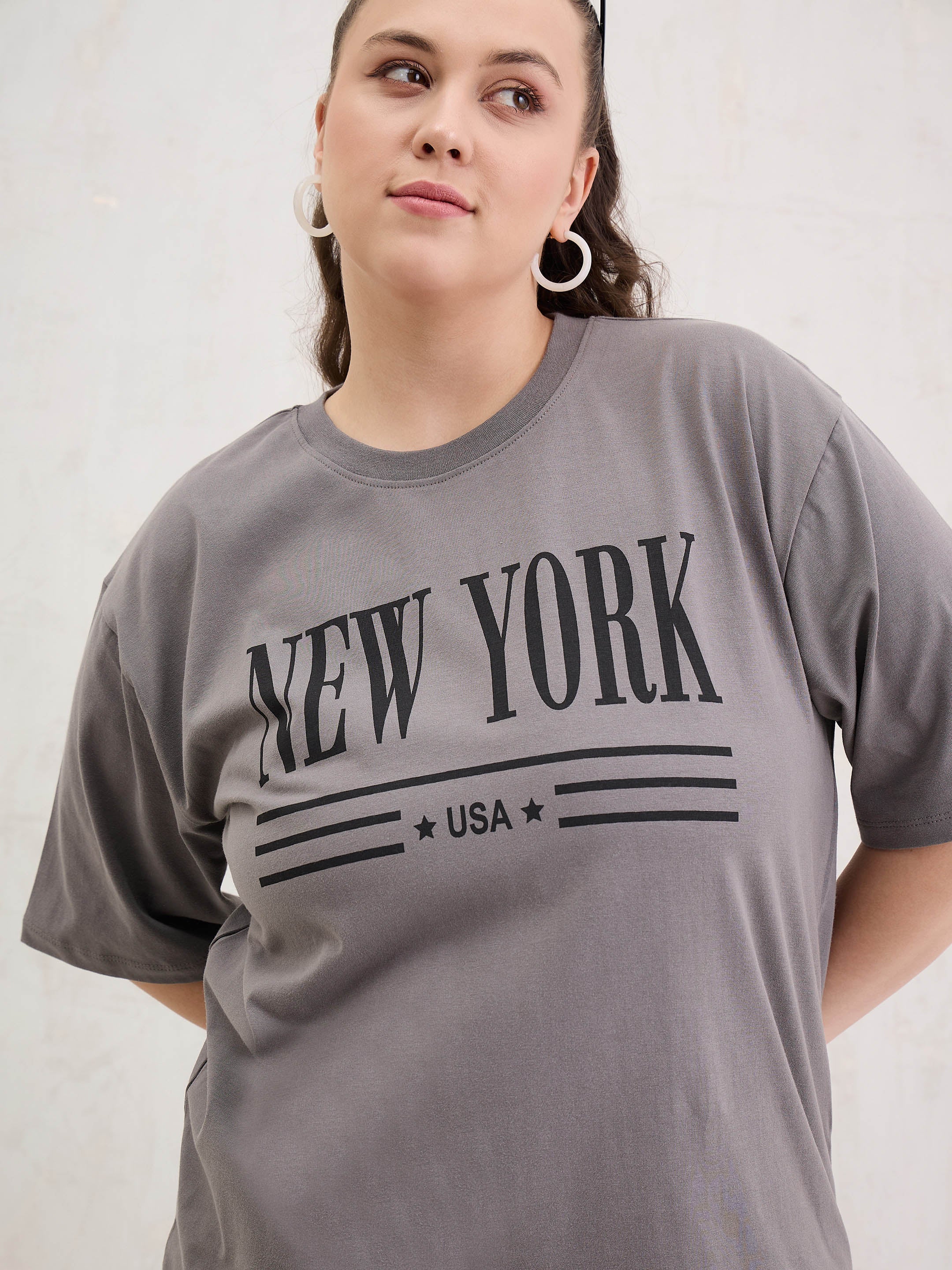 Women Grey Graphic NEW YORK Print T-Shirt-SFTOPS42413