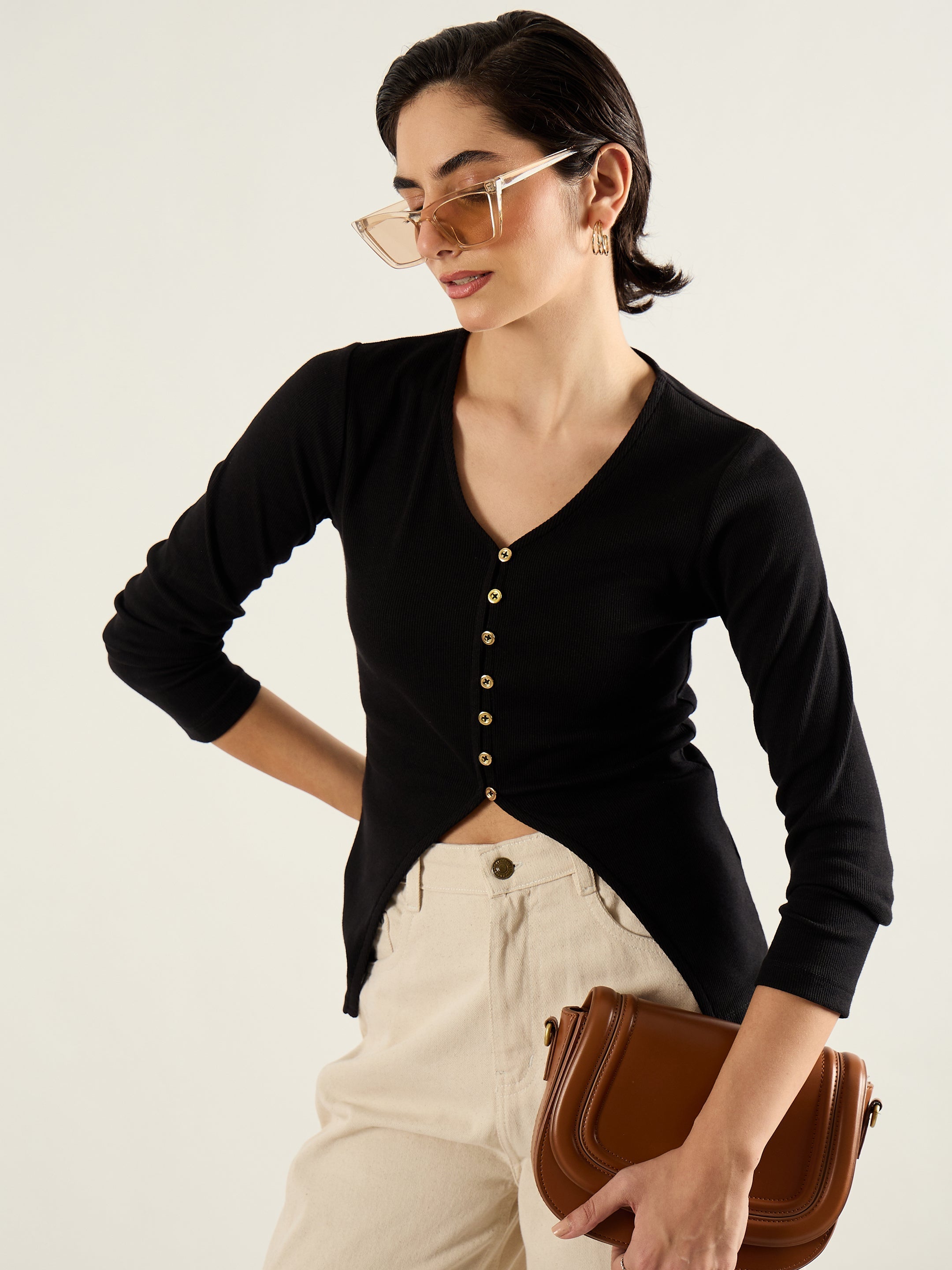 Women Black Rib Button Down Regular Top-SFTOPS42414