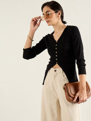 Women Black Rib Button Down Regular Top-SFTOPS42414