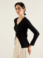 Women Black Rib Button Down Regular Top-SFTOPS42414