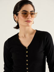 Women Black Rib Button Down Regular Top-SFTOPS42414