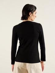 Women Black Rib Button Down Regular Top-SFTOPS42414