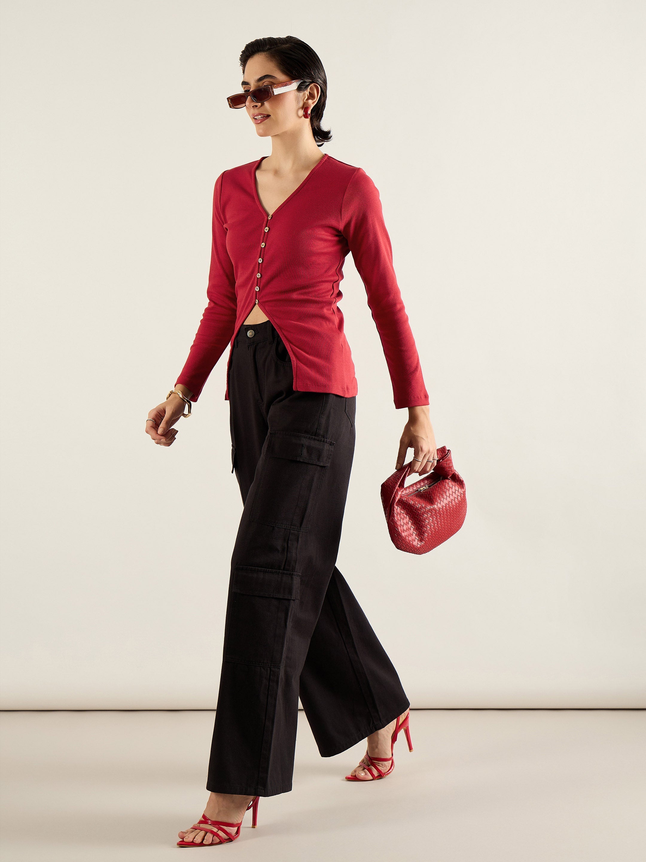 Women Red Rib Button Down Regular Top-SFTOPS42415