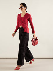 Women Red Rib Button Down Regular Top-SFTOPS42415