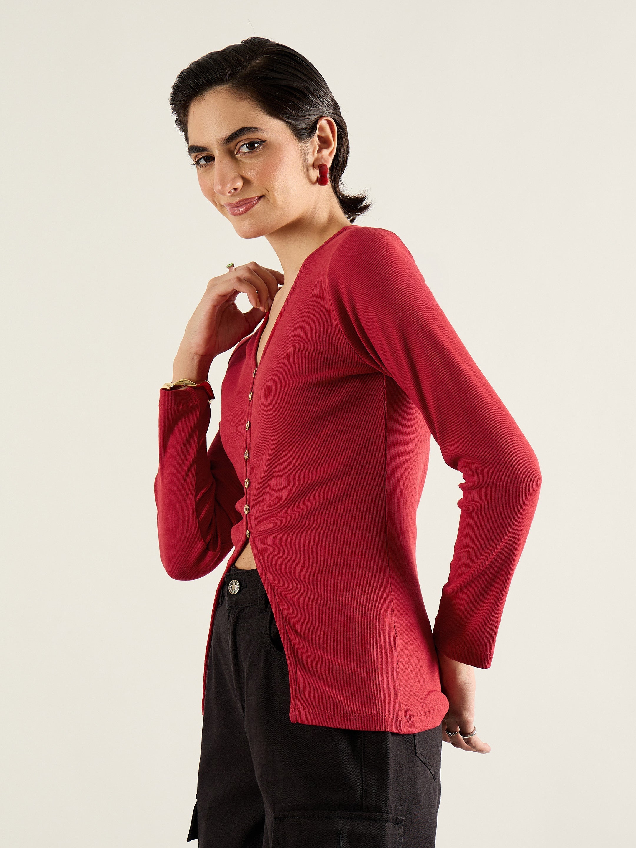 Women Red Rib Button Down Regular Top-SFTOPS42415