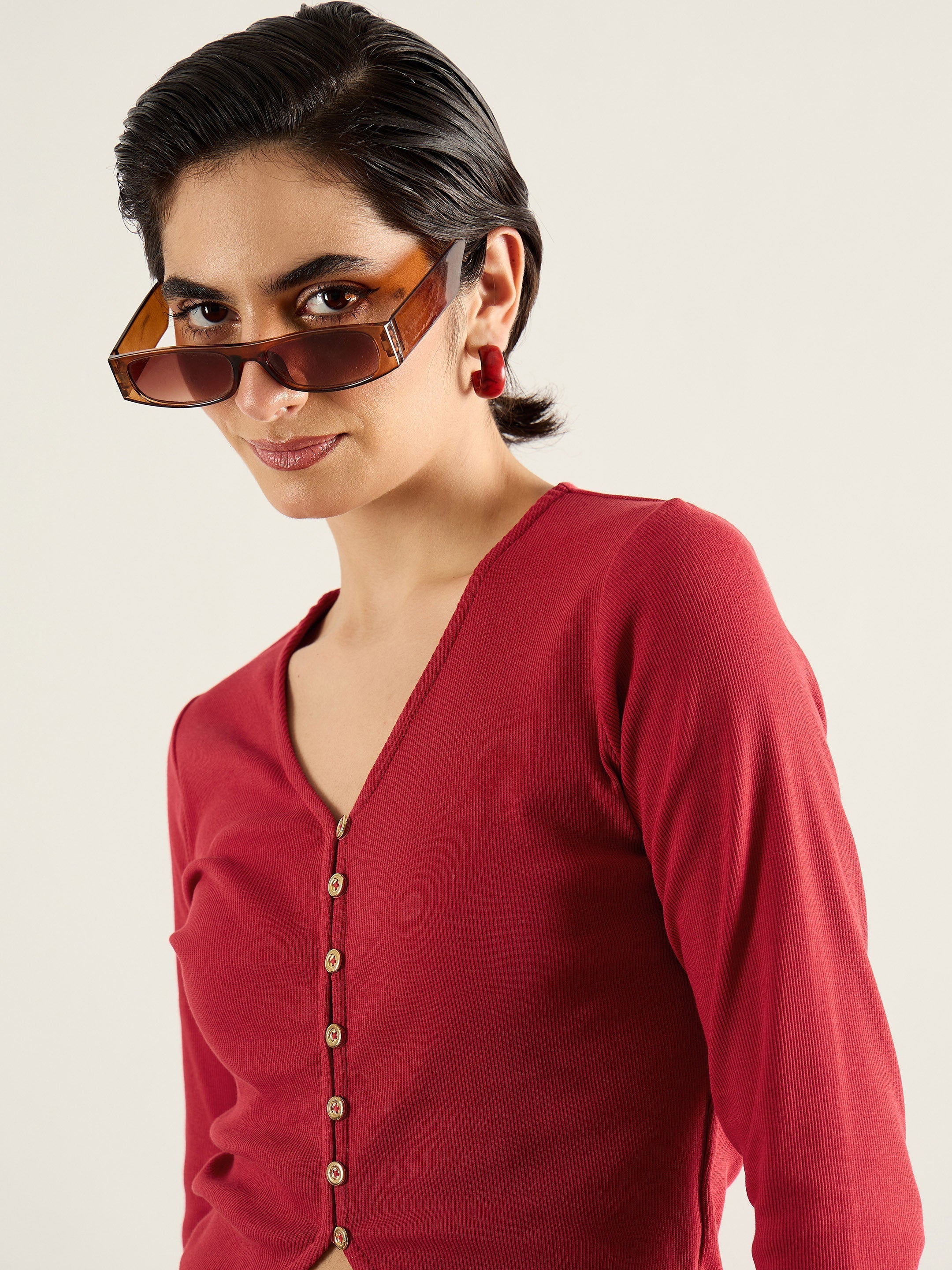 Women Red Rib Button Down Regular Top-SFTOPS42415