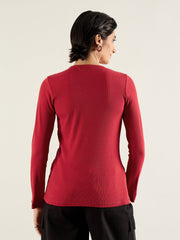 Women Red Rib Button Down Regular Top-SFTOPS42415