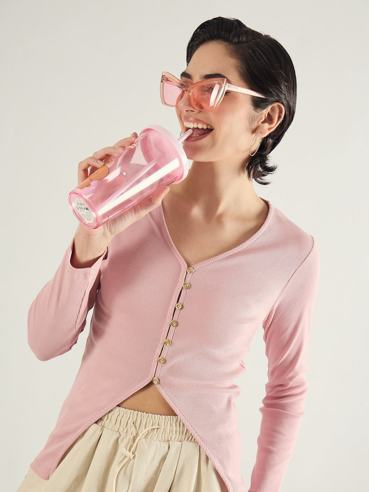 Women Pink Rib Button Down Regular Top-SFTOPS42416