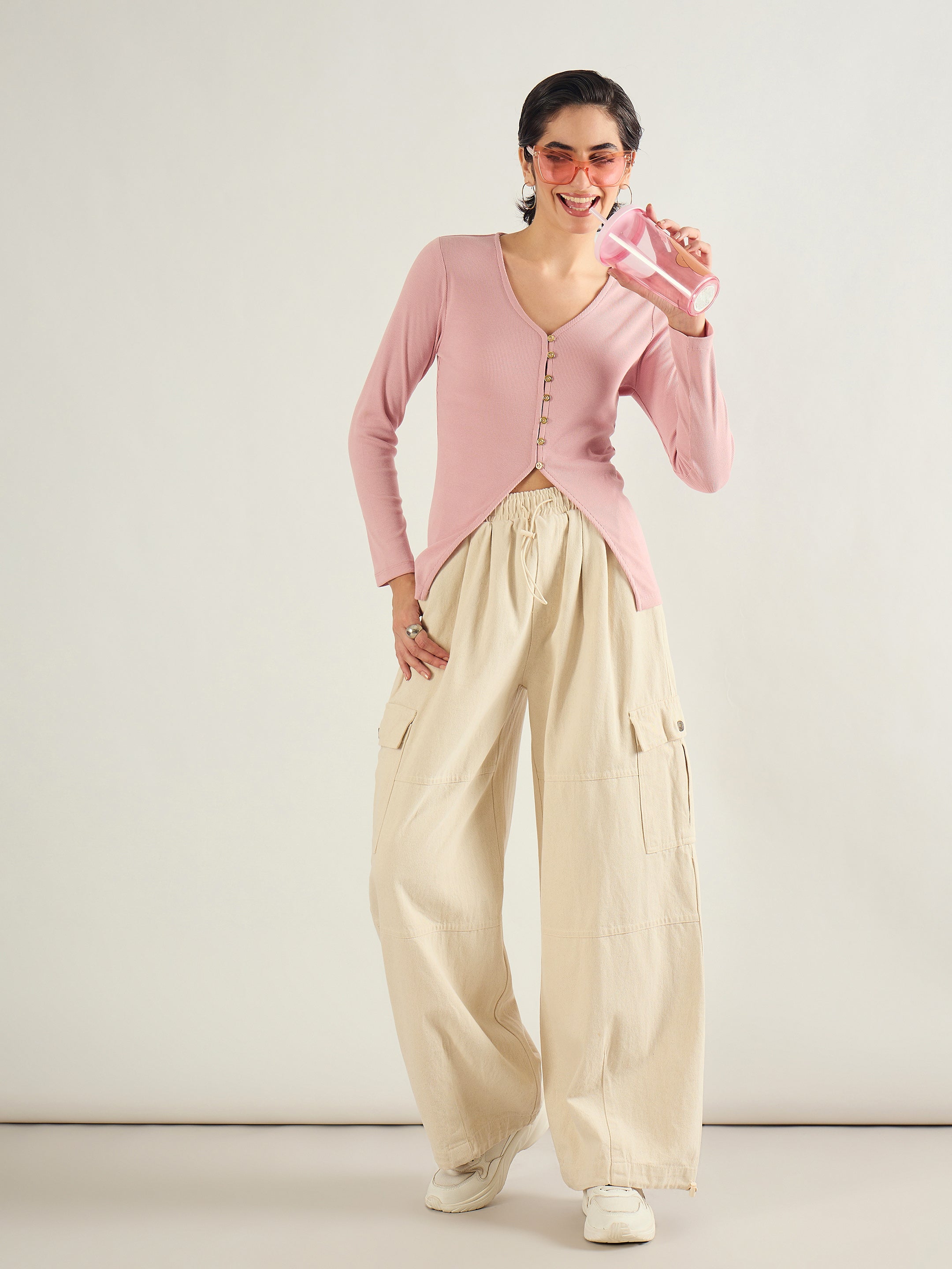 Women Pink Rib Button Down Regular Top-SFTOPS42416