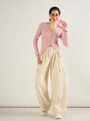 Women Pink Rib Button Down Regular Top-SFTOPS42416