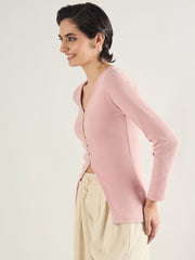 Women Pink Rib Button Down Regular Top-SFTOPS42416