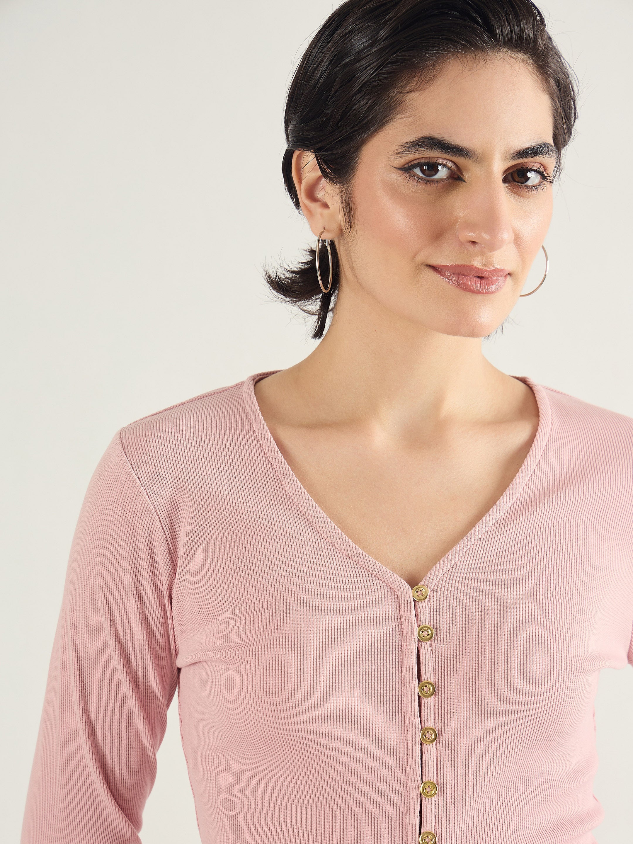 Women Pink Rib Button Down Regular Top-SFTOPS42416