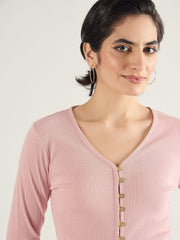 Women Pink Rib Button Down Regular Top-SFTOPS42416