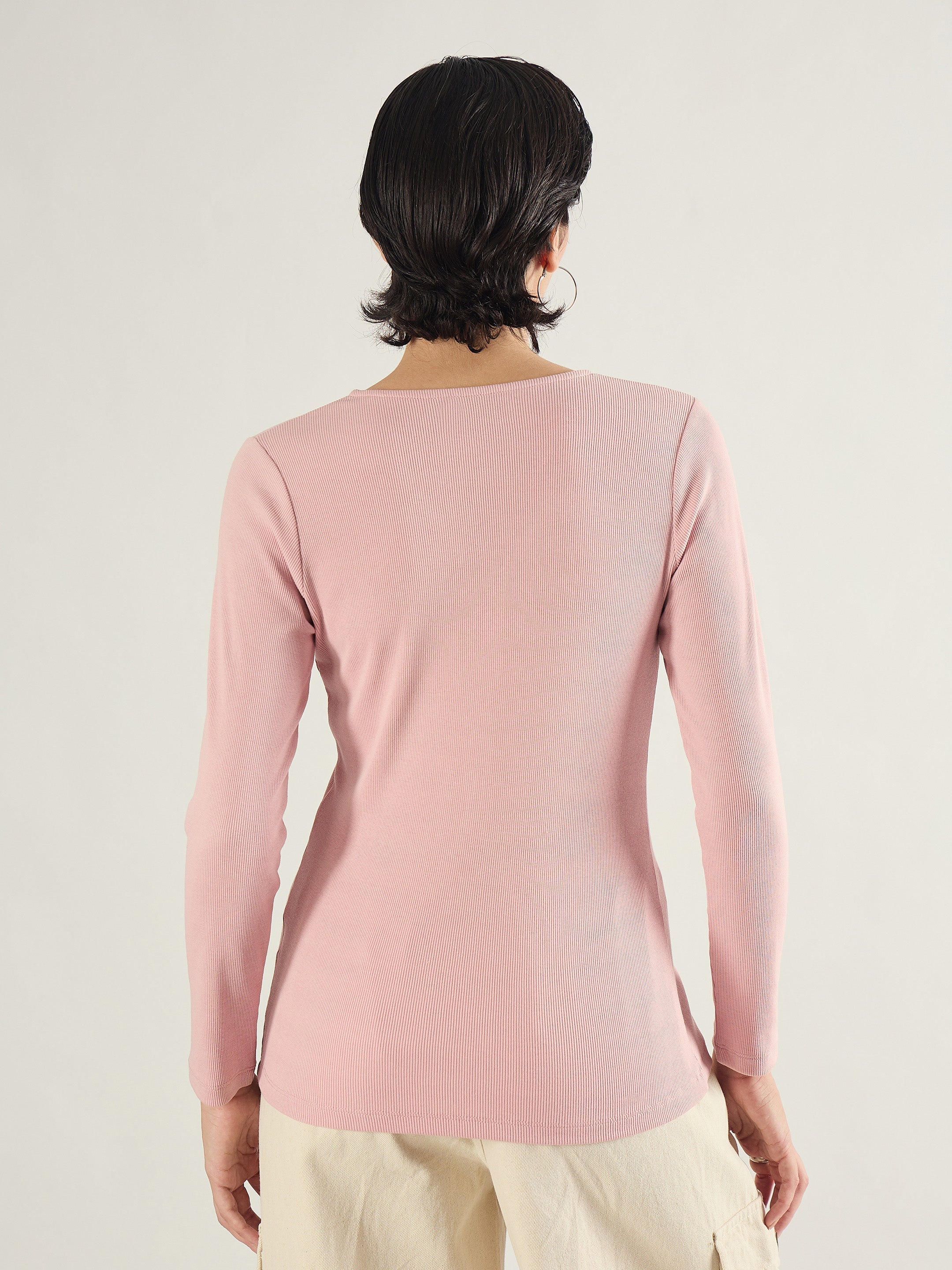 Women Pink Rib Button Down Regular Top-SFTOPS42416