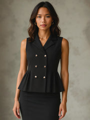 Women Black Sleeveless Notch Collar Button Top-SFTOPS42426