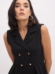 Women Black Sleeveless Notch Collar Button Top-SFTOPS42426
