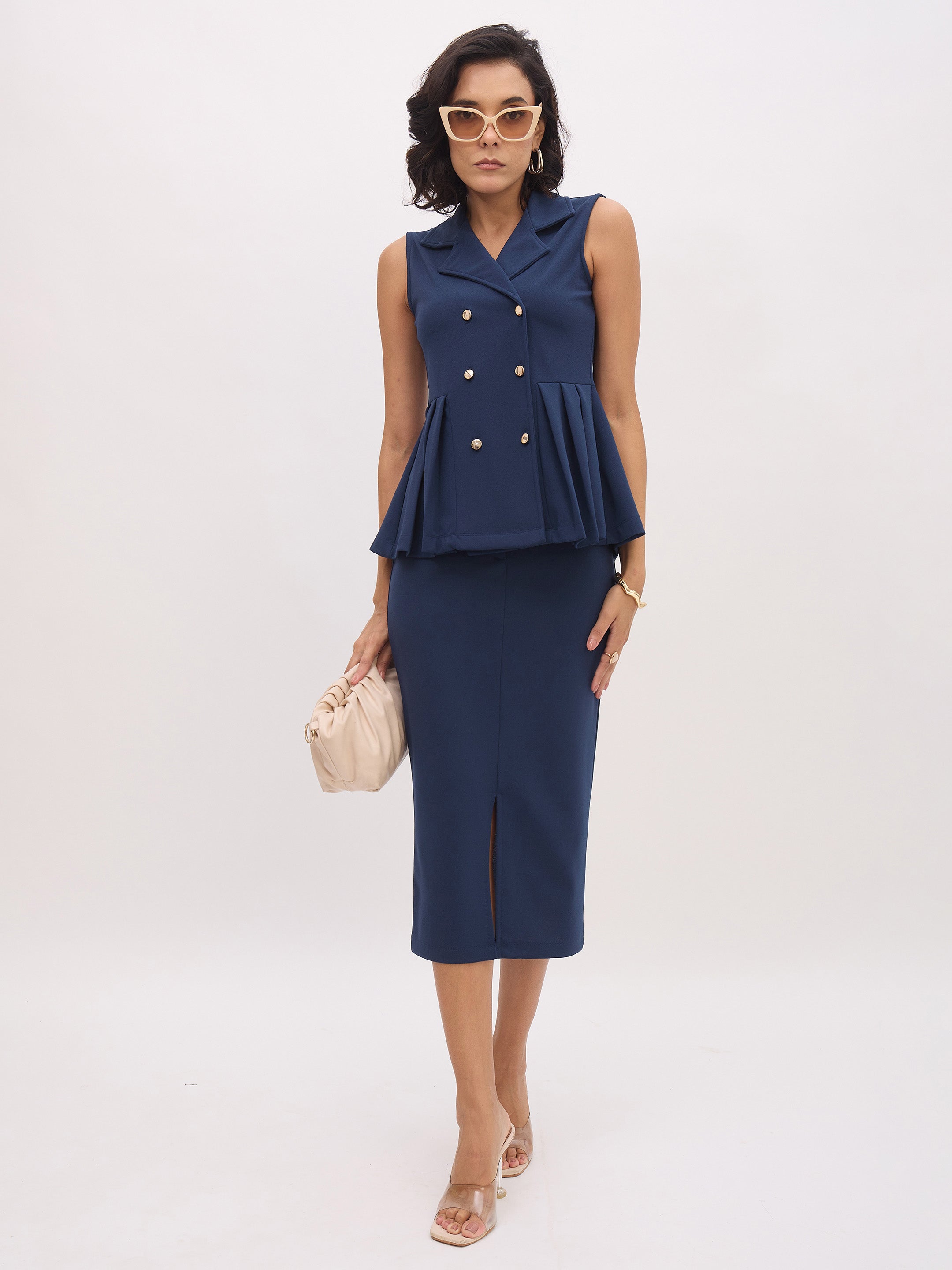 Women Blue Sleeveless Notch Collar Button Top-SFTOPS42427
