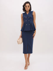 Women Blue Sleeveless Notch Collar Button Top-SFTOPS42427