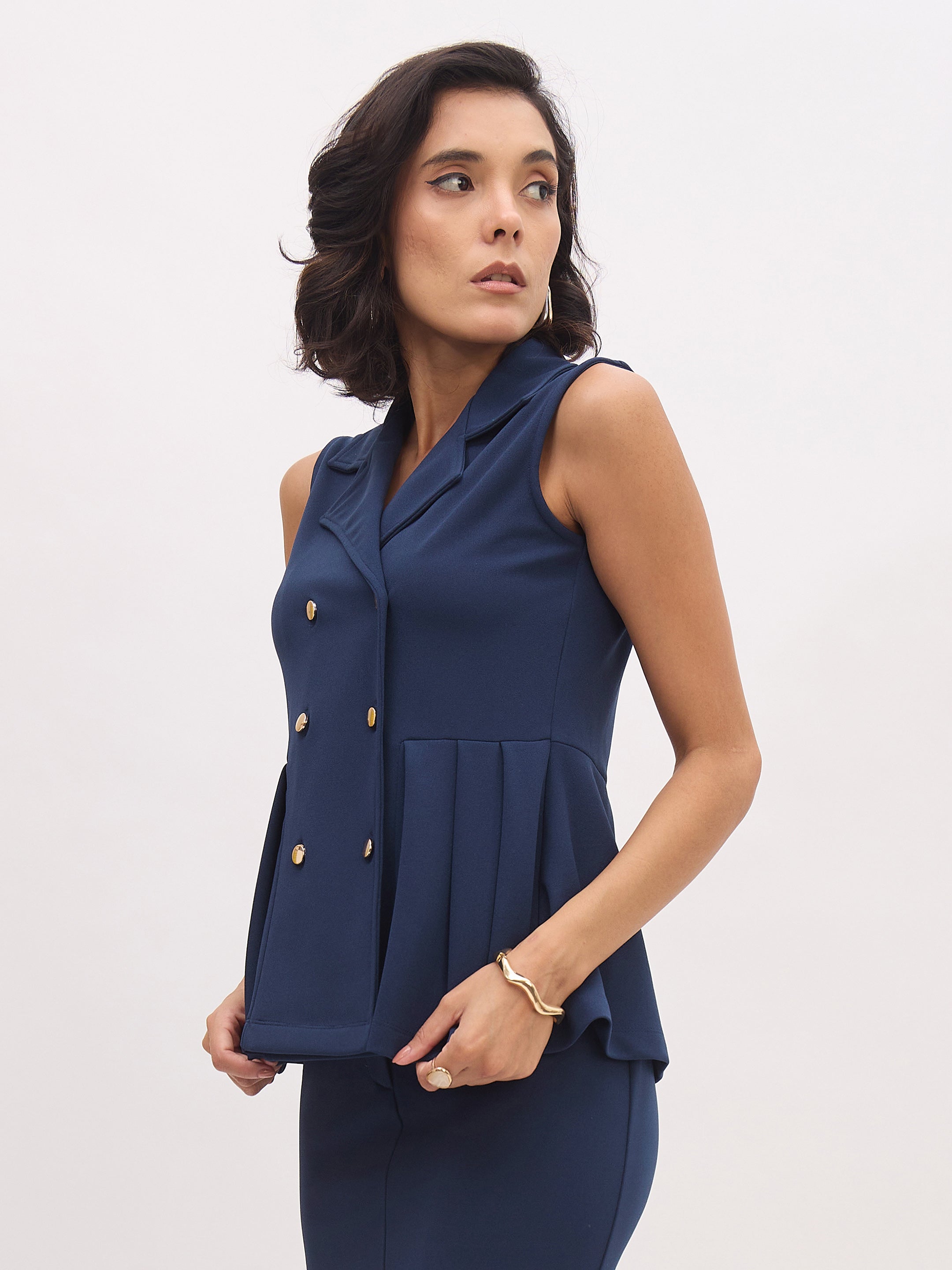 Women Blue Sleeveless Notch Collar Button Top-SFTOPS42427