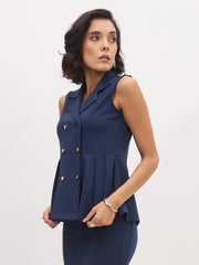 Women Blue Sleeveless Notch Collar Button Top-SFTOPS42427