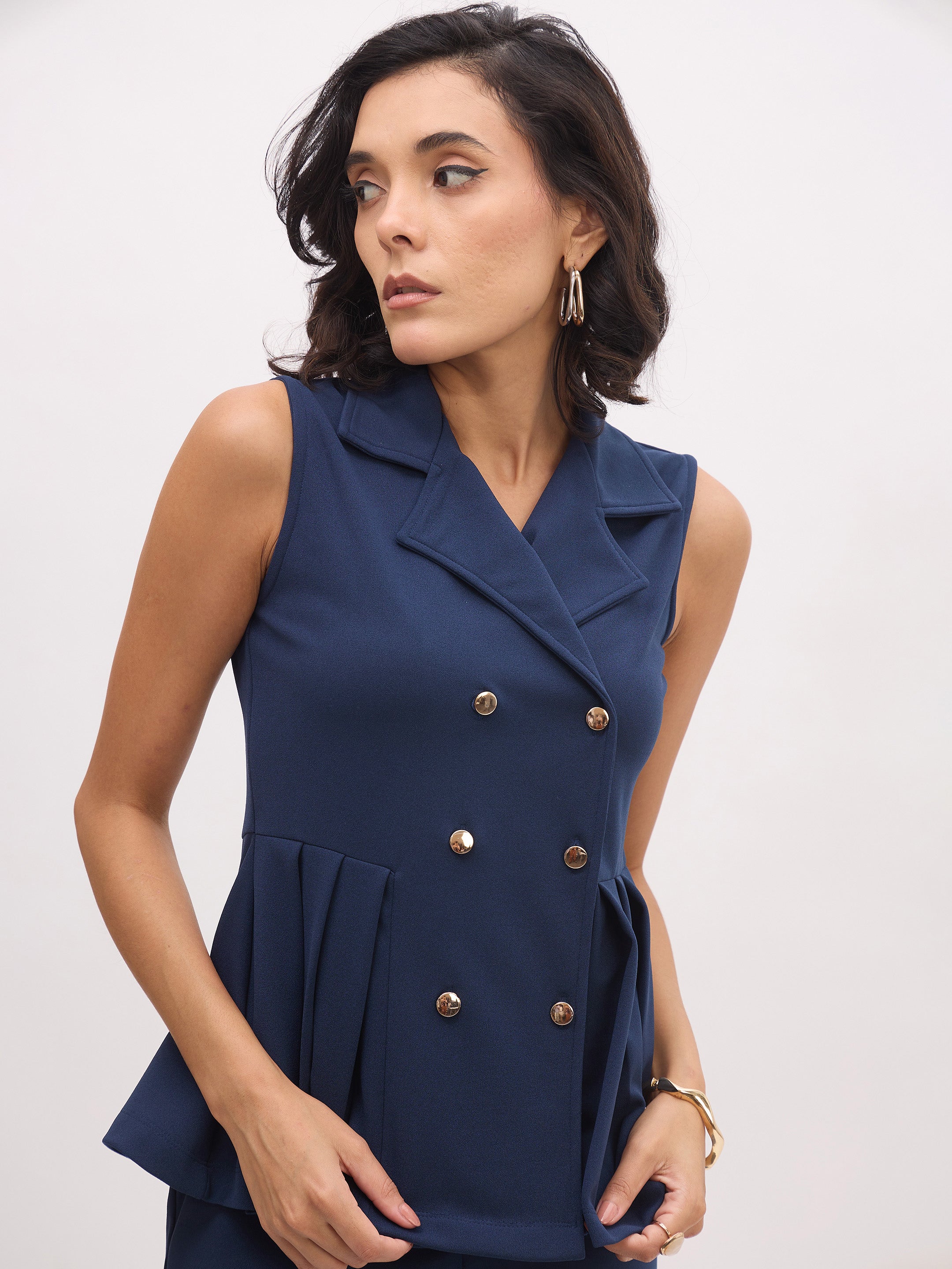 Women Blue Sleeveless Notch Collar Button Top-SFTOPS42427