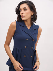 Women Blue Sleeveless Notch Collar Button Top-SFTOPS42427