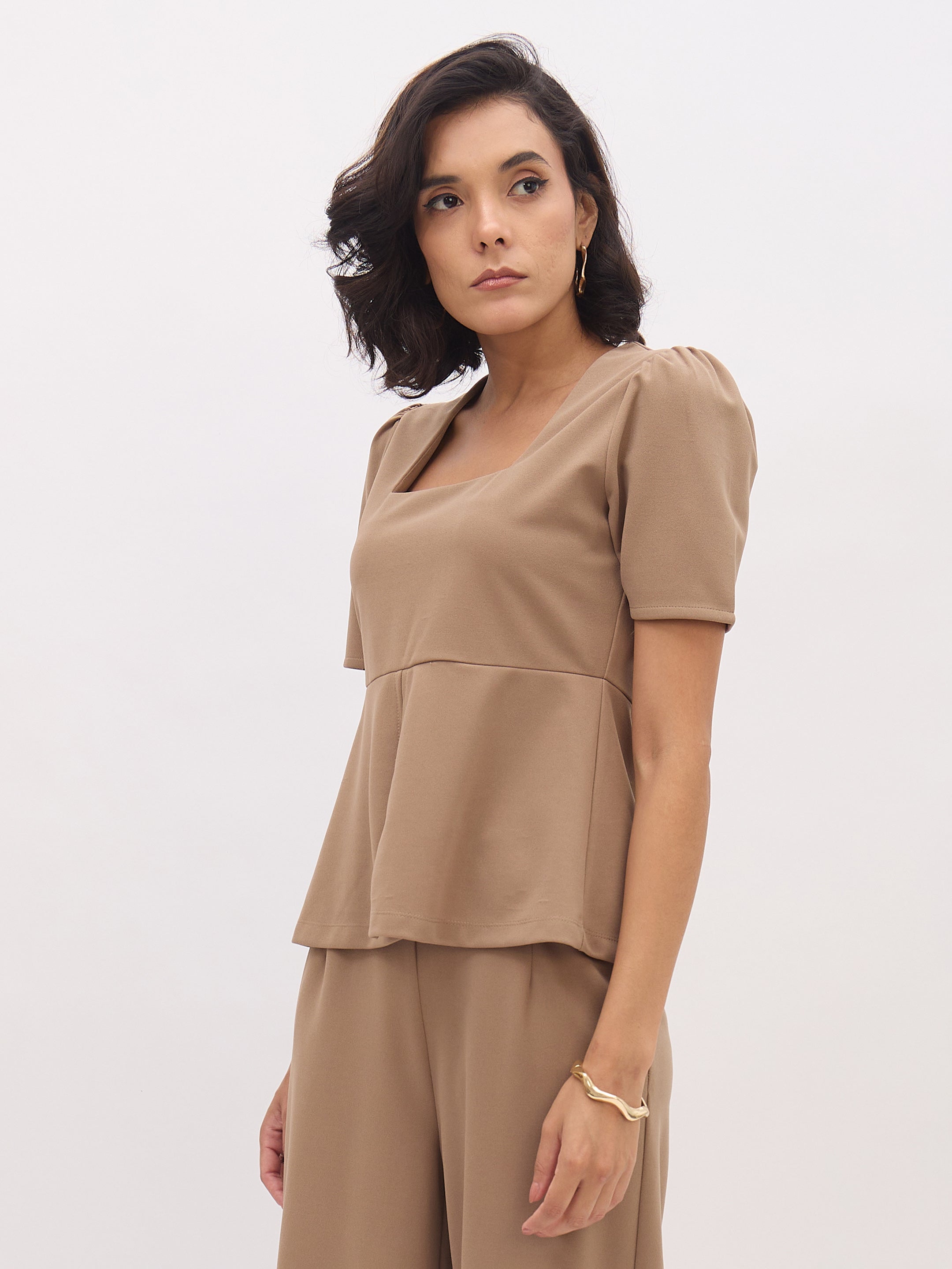 Women Beige Square Neck Front Slit Top-SFTOPS42429