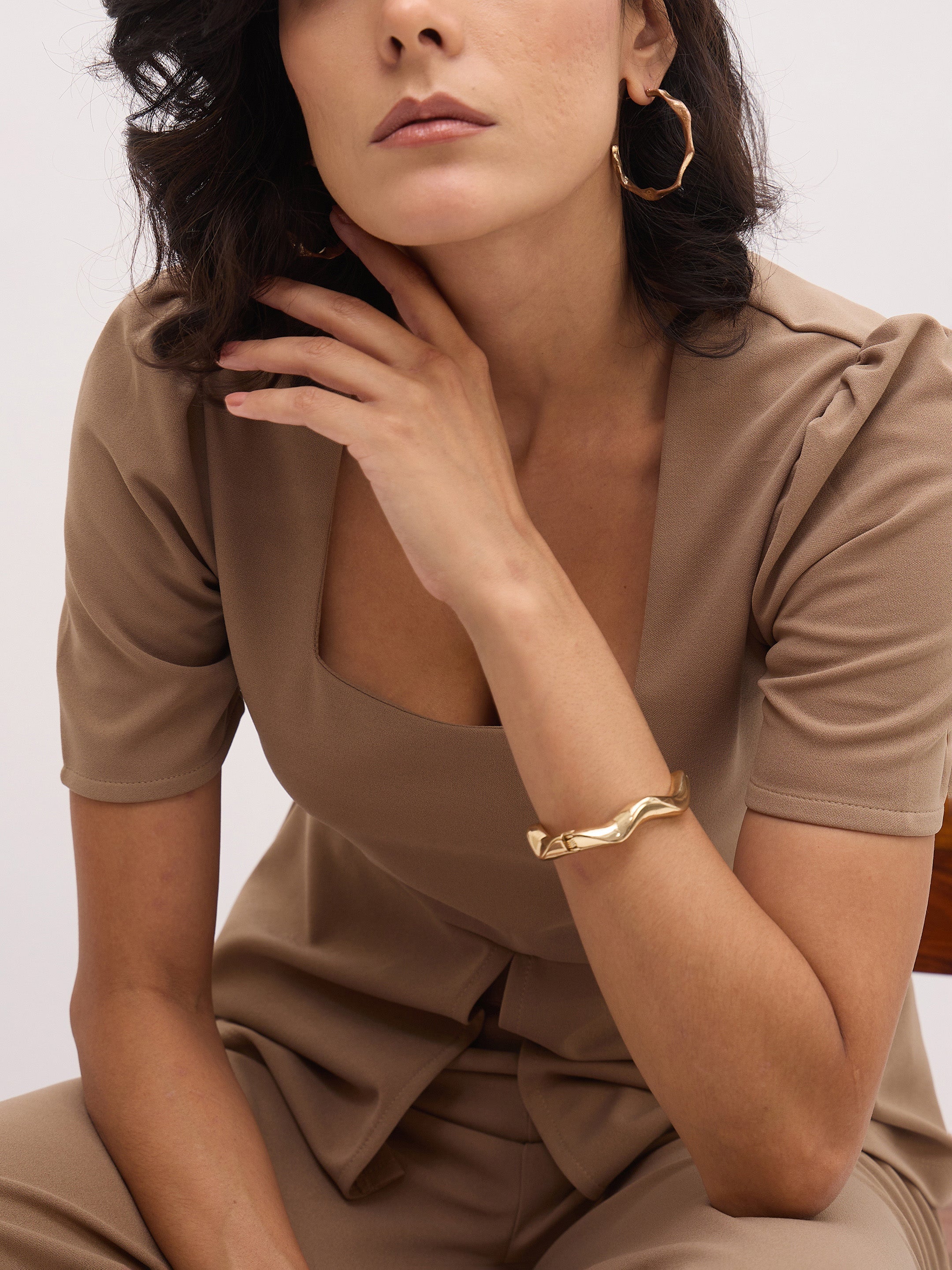 Women Beige Square Neck Front Slit Top-SFTOPS42429