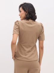 Women Beige Square Neck Front Slit Top-SFTOPS42429